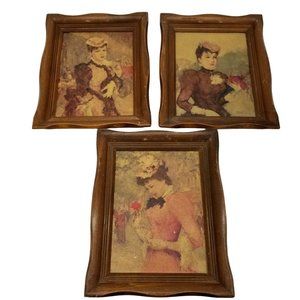 Vintage Frier Victorian Women Wooden Framed Print Set of 3 Signed Art 10" x 8"